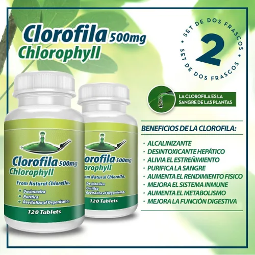 Miniatura 2 de Clorofila en tabletas. Set de 2 frascos con 120 tabletas CADA uno. Desintoxicica y purifica la Sangre, ayuda a la digestión, combate estrenimiento