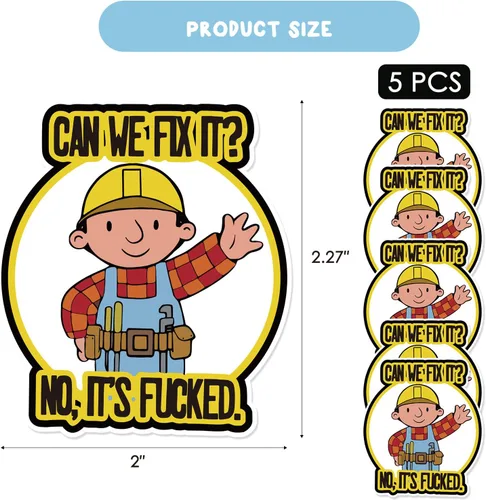 Miniatura 5 de XMJY Paquete de 5 calcomanías divertidas para cascos duros, ¿Podemos arreglarlo? No, It's Fucked, lindas calcomanías de dibujos animados para casco