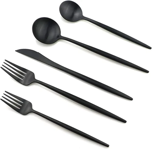 Miniatura 12 de Juego de cubiertos de 5 piezas, color negro mate, juegos de cubiertos de acero inoxidable 18/10, incluye cuchara tenedor y cuchillo con cuchara