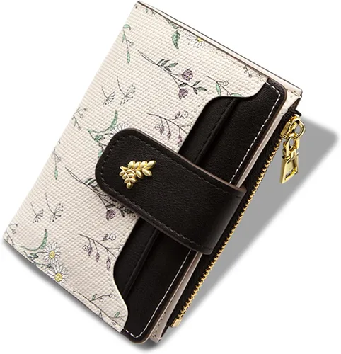 LJCZKA Billeteras pequeñas para mujer, de piel plegable, con cremallera, bolsillo con cremallera, tarjetero floral, para niñas y mujeres con ventana