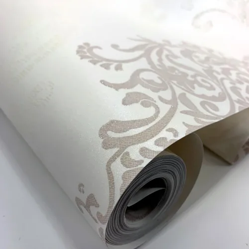 Miniatura 3 de Q QIHANG Color crema no tejido del rollo del papel pintado del polvo de la perla del damasco del estilo europeo 3D los 1.7 ft x 32.8 ft=5.3㎡ Blanco