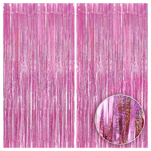 KatchOn Cortina tipo telón de fondo rosa iridiscente de 3.2 x 8 pies, serpentinas rosas para decoraciones de San Valentín, cumpleaños, revelación de