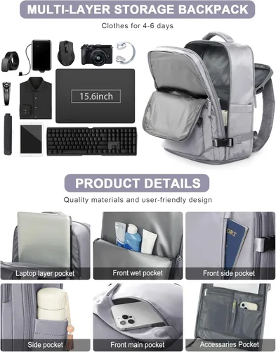Miniatura 4 de VGCUB - Mochila grande para viaje, trabajo, negocios, mochila para laptop aprobada como equipaje de mano para vuelos, unisex, Gris, X-Grande