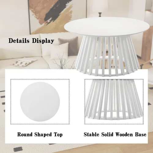 Miniatura 7 de DUOMAY Moderna mesa de centro redonda de madera maciza con base geométrica, mesa central de madera resistente para sala de estar, salón, oficina