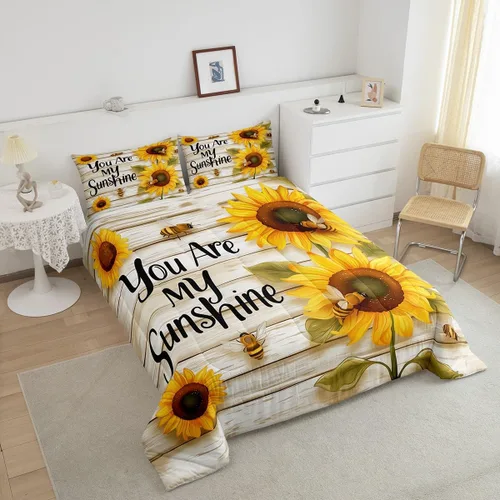 Miniatura 3 de Erosebridal Juego de ropa de cama con estampado de girasol, letras retro y flores amarillas, decoración de dormitorio, edredón de plumón de abeja