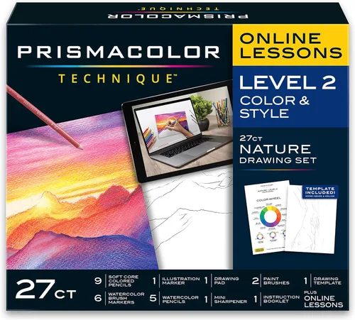 Prismacolor Suministros de arte técnico y lecciones de arte digital, juego de dibujo de naturaleza nivel 2, incluye lápices de acuarela, marcadores