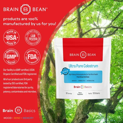 Miniatura 5 de Brain Basics Calostro ultra puro, 4000 mg por porción, mínimo 25% de anticuerpos IgG, salud intestino-cerebro-inmune, cabello y piel brillantes.