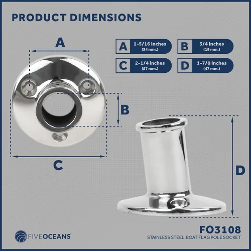 Miniatura 7 de Five Oceans Enchufe para mástil de bandera de barco de montaje superior, soporte para asta de bandera, se adapta a postes de 3/4 pulgadas
