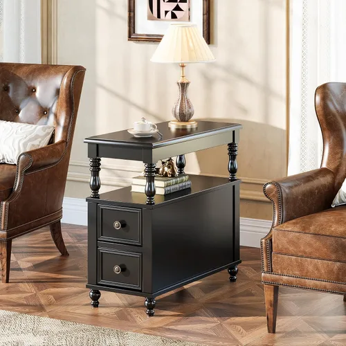 Miniatura 9 de Tribesigns Mesa auxiliar de madera con acabado negro con 2 cajones, mesitas de noche delgadas de madera de mediados de siglo con estante