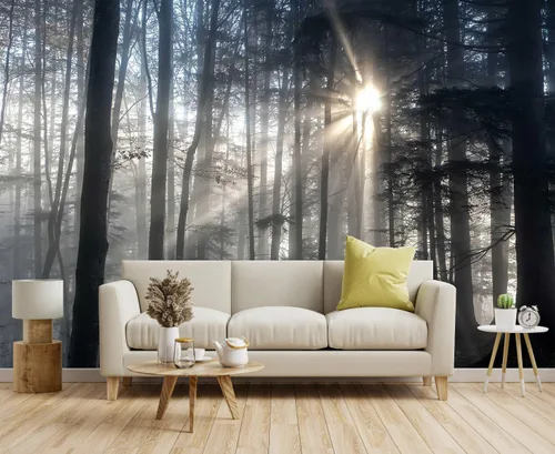 Miniatura 24 de Toolhom - Mural de pared de bosque nebuloso, papel tapiz de paisaje natural abstracto, patrones de decoración de pared de fondo (no autoadhesivo)
