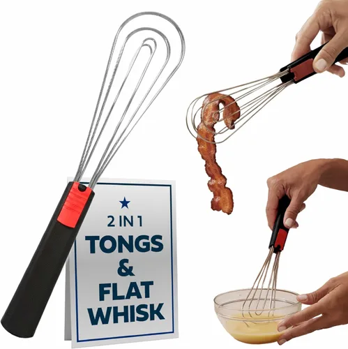 Batidor plano y pinzas para cocinar: herramienta de cocina multiusos para batir huevos, pinzas para ensalada, barbacoa, batidor para cocinar,