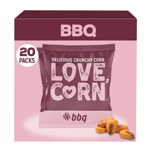 LOVE CORN BBQ 0.7oz x 20 bolsas – Delicioso maíz crujiente – Snacks familiares saludables – Sin gluten, Kosher, sin OGM – Alternativa para papas