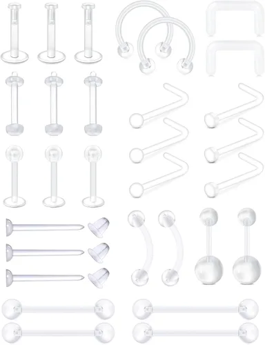 Miniatura 17 de MODRSA - Anillos de nariz transparentes y pernos - Retenedores de perforación de nariz de plástico - 16 g, 18 g, 20 g - Aretes de cartílago