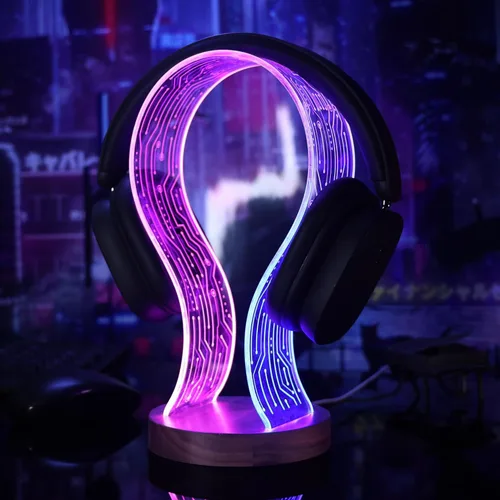 Miniatura 3 de Lampeez Soporte para auriculares con luz nocturna LED azul y rosa, madera de nogal para jugadores, amantes de la música, idea de regalo