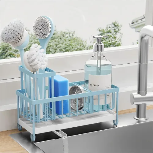Miniatura 20 de Cisily Soporte de esponja negro extra grande para fregadero de cocina, organizador de fregadero con soporte alto para cepillos, organizadores