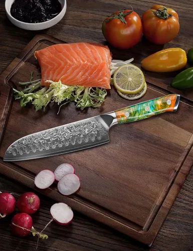 Miniatura 5 de Santoku Cuchillo de 7 pulgadas - Serie Xuan - Cuchillo de cocina de acero Damasco VG10 - Mango de resina (naranja fantasía)