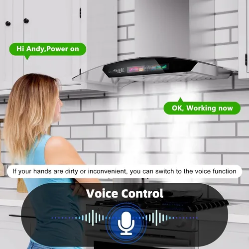 Miniatura 2 de Campana extractora de 30 pulgadas de montaje en pared, vidrio templado de 900 CFM, control por voz/gestos/tacto, campana extractora de cocina