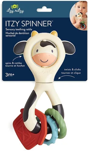 Miniatura 7 de Itzy Ritzy Juguete de sonajero giratorio – Sonajero sensorial de dentición con diseño de vaca, incluye cara giratoria, clics, sonajeros y mordedores