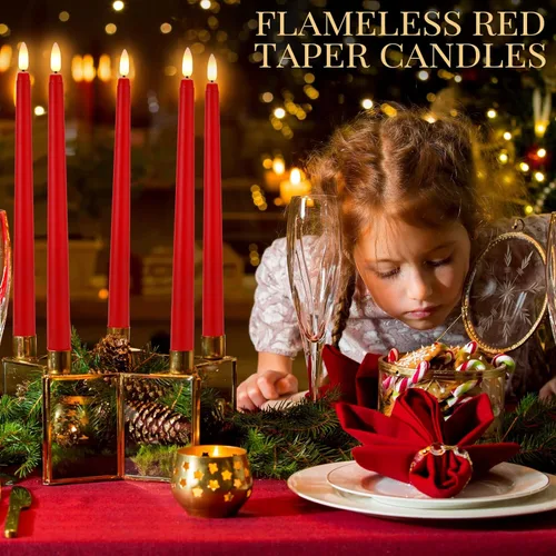 Miniatura 3 de Macarrie 24 Paquetes de Velas Cónicas Sin Llama Operadas con Batería Falsas de 11 Pulgadas de Largo Luz de Vela LED Sin Llama Candelabros Rojo