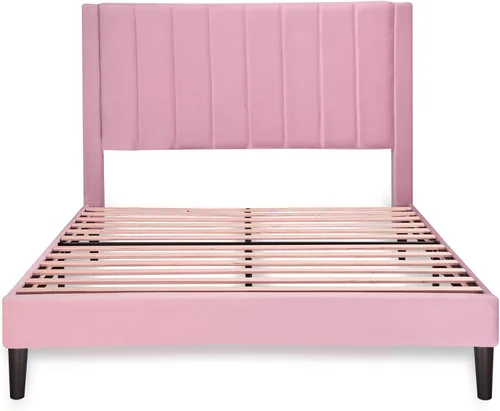 Miniatura 9 de Allewie - Base de cama tamaño Full con cabecera acolchada tapizada en terciopelo y diseño acanalado vertical; plataforma de cama con resistentes Rosa