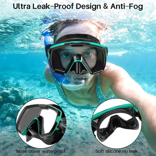 Miniatura 4 de Freela Adult Swim Goggles Mask for Adult with Nose Cover, Tempered Glass Anti Fog Waterproof 180° Clear Wide View Men Women Verde