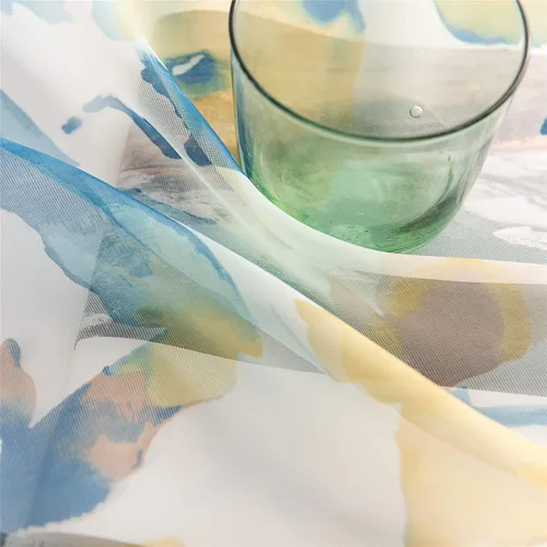 Miniatura 6 de VISIONTEX Cortinas transparentes con estampado de gasa, estilo abstracto europeo, estampado de hojas azules y amarillas, 2 paneles para decoración