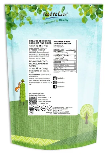 Miniatura 2 de Food to Live Coco orgánico fino rallado, 12 onzas, sin OMG, crudo, sin azúcar, sin sulfatar, desecado, carne afeitada. Vegana, Keto, Kosher, a