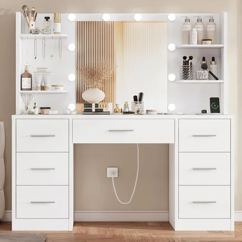 Miniatura 11 de FIONESO Escritorio grande con espejo y luces, tocador de maquillaje con 11 cajones y 6 estantes abiertos, 3 modos de iluminación, brillo ajustable