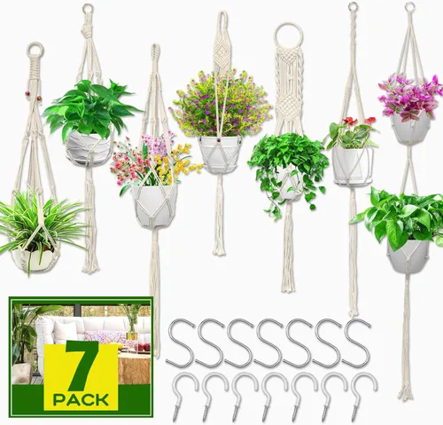 Miniatura 8 de IGaiety Colgador de macramé para plantas, 5 piezas de soportes colgantes para plantas para interiores y exteriores, colgadores de plantas hechos a