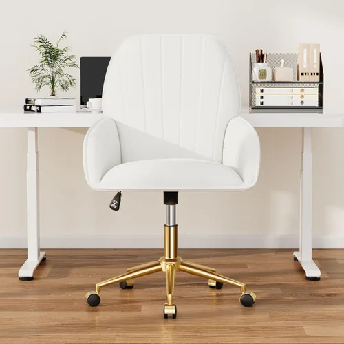 Miniatura 7 de Silla de escritorio para oficina en casa cómoda con ruedas ajustables y giratorias, silla moderna de terciopelo para maquillaje con respaldo y Blanco