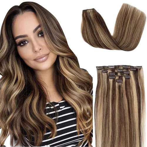 Miniatura 11 de Extensiones de cabello humano con pinzas, 12 pulgadas, extensiones de cabello humano real con pinzas, 2.47 onzas, 5 unidades, color marrón dorado a