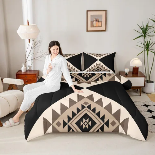 Miniatura 3 de Erosebridal Juegos de Ropa de Cama Individual Abstractos Negro Beige para Adultos Mujeres Hombres Juego de Edredón Moderno Boho Occidental Azteca