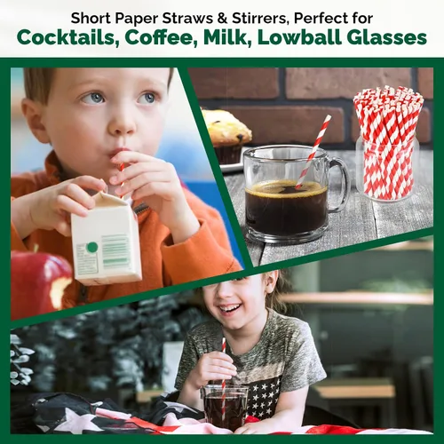 Miniatura 4 de [500 unidades] Pajitas de papel desechables de rayas rojas y blancas de 5.75 pulgadas, pequeñas, para cócteles, café y bebidas cortas - Ecológicas