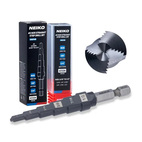 Miniatura 34 de NEIKO 10602B Step Drill Bit, 13 Steps 1/8" to 1/2" Spiral M35 Cobalt, AlTiSiN Coated, 1/4" Quick Change Step Bits for Steel, Metal, Wood, Plastic