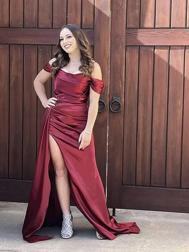 Miniatura 5 de Vestidos de fiesta con hombros descubiertos para mujer, vestido de dama de honor de satén largo con tren, vestido de fiesta de noche formal