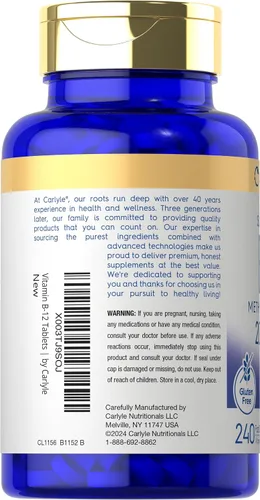 Miniatura 3 de Carlyle Vitamina B12 de 2000 mcg 240 tabletas de disolución rápida Metilcobalamina sublingual Sabor a bayas Suplemento vegetariano, sin OMG