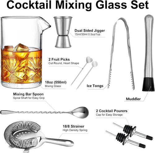Miniatura 6 de Vaso mezclador de cóctel de 18 onzas, kit de 10 piezas antiguo de moda, juego de vasos de mezcla de cóctel con colador de cóctel, mezclador
