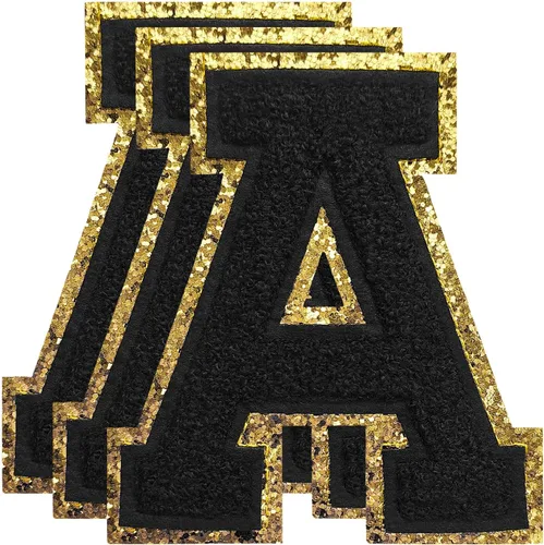 Miniatura 141 de 3 parches de números de chenilla negra, tamaño grande de 4-1/2" parches de números para planchar, parches universitarios para ropa, 8" Borde oro rosa