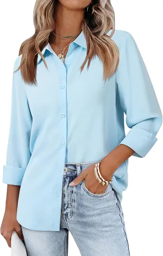 Miniatura 9 de siliteelon Camisas de manga larga con botones de gasa para mujer: blusas de trabajo con cuello para negocios, oficina, vestidos casuales
