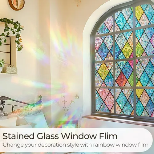 Miniatura 2 de Lámina de privacidad para ventana Windimiley con diseño de vidrio manchado: adhesivo estático decorativo floral 3D arcoíris con control de calor