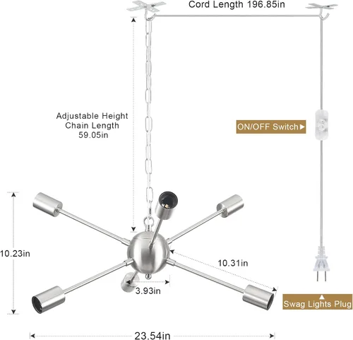 Miniatura 2 de Lámpara colgante enchufable, 6 luces colgantes con cable de enchufe de 16.4 pies e interruptor de encendido/apagado de níquel cepillado, lámpara