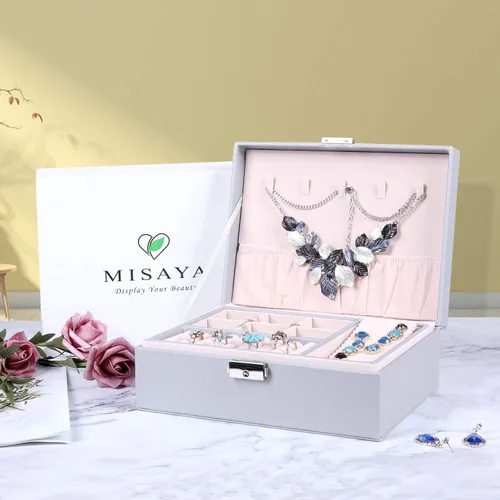 Miniatura 7 de Misaya - Caja organizadora de joyas para mujer, de piel sintética, grande, con candado, para guardar o exhibir aretes, anillos, collares o pulseras