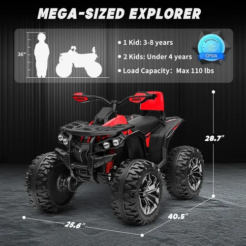 Miniatura 7 de ATV 4 ruedas para niños, juguetes de paseo de 24 V 4WD con 2 plazas, motor potente de 4 x 200 W, funciona con batería de 9 AH, música Bluetooth, Rojo