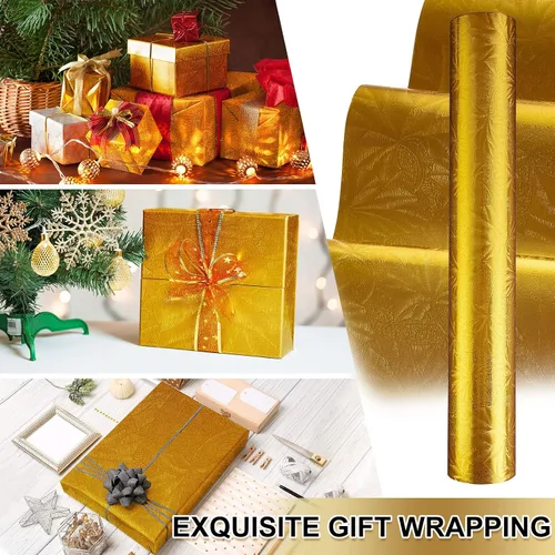 Miniatura 6 de Ireer 2 rollos de papel de aluminio floral en relieve, papel de regalo metálico dorado de Navidad, hojas de papel de regalo para manualidades