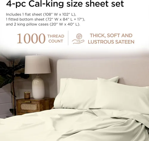 Miniatura 2 de Threadmill Sábanas certificadas 100% algodón Supima americano, sábana California King, 1000 hilos tejido de satén de calidad hotelera, juego
