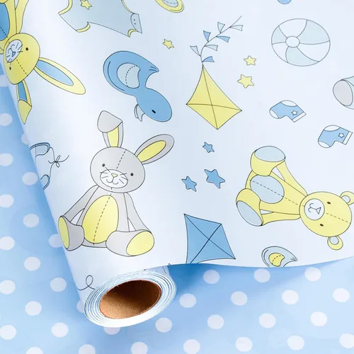 Miniatura 18 de Homeral Rollo de papel para envolver regalos azul para baby shower - Rollo mini - 17 pulgadas x 16.5 pies - Juego reversible de papel de regalo