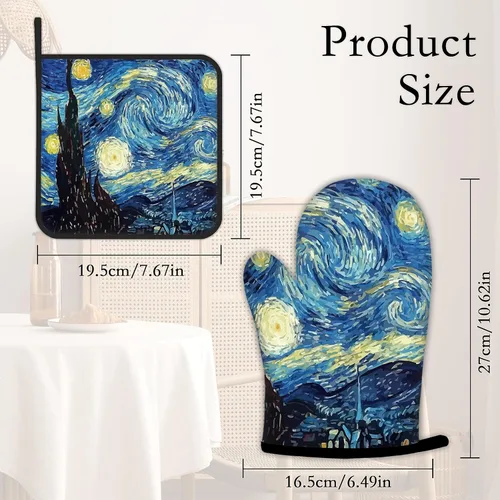 Miniatura 4 de The Starry Night - Guantes de cocina y soportes para ollas de cocina, juego de 2 piezas, almohadillas resistentes al calor para hornear, barbacoa
