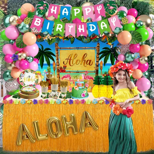 Miniatura 6 de Luau - Decoraciones para fiesta de cumpleaños, 321 piezas, suministros de fiesta hawaiana tropical Aloha para verano, playa, vacaciones, juego