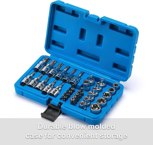 Miniatura 9 de CASOMAN 34 piezas de 3/8 pulgadas Torx Bit Socket y E-Torx (estrella) Juego de zócalos de acero CR-V y S2, E4-E20, T10-T60, a prueba