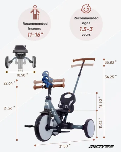 Miniatura 6 de RIDYEE Triciclo 5 en 1 para niños de 1.5 a 3 años, triciclo de dirección para padres, convertible sin herramientas para equilibrar la bicicleta, gris